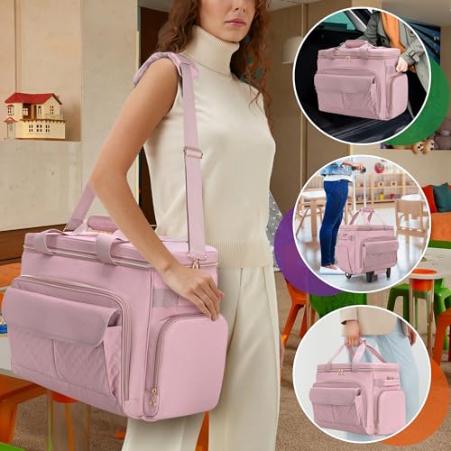 Image of LUXJA Rolling Teacher Bag with Wheels and 15.6 inch Laptop Compartment, Pink | Rolling Briefcase for Women with Accordion File Area, Teacher Tote Bag for Work with Detachable Dolly and Shoulder Strap