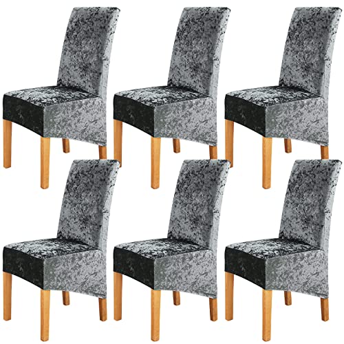 Crushed Velvet Large Size Dining Chair Covers Set of 6,Dining Room Chair Slipcovers,Stretch Elastic Removable Washable High Back Chair Covers for Dining Room,Hotel,Kitchen,Home(Dark Grey,Pack of 6)