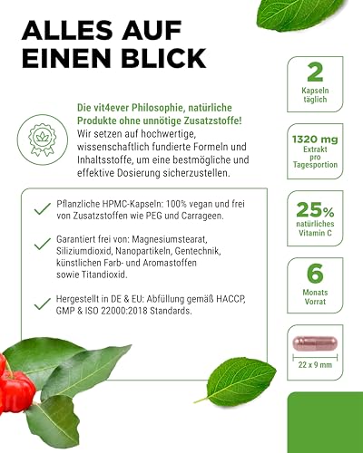 vit4ever Natürliches Vitamin C aus Acerola Extrakt - 365 Kapseln - Hochdosiert - Premium Rohstoff - Ohne unerwünschte Zusätze - Vegan