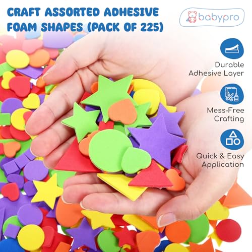 Image of BabyPro Foam Stickers with Self Adhesive, 225 Pieces Multicolour 3D Craft Stickers for Kids | Scrapbooking, Card Making, DIY Art & Craft, Classroom & Party, Easy Peel
