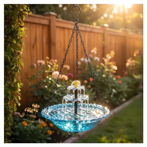 2026 Solar Cascade Hanging Bird Bath Fountain Solar Powered Birdbath Water Fountain Pumps Dispenser Outdoors Decor Hummingbird Bath Shower Bowl Kit Garden Gift Yard Patio Backyard Decoration (Blue)