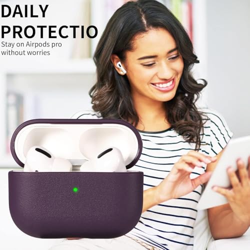 Image of KHR Leather Texture Full-Body Protective Case Cover for AirPods Pro 3rd Generation (2025), Wireless Charging and Front LED Visible Case with Lanyard for AirPods Pro 3 (Purple)