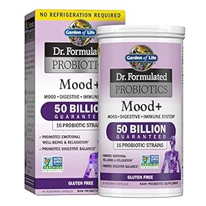 Garden of Life Dr. Formulated Probiotics Mood+ Acidophilus Probiotic Supplement – Promotes Emotional Well-Being, Relaxation and Digestive Balance – Ashwagandha for Stress Management, 60 Veggie Caps