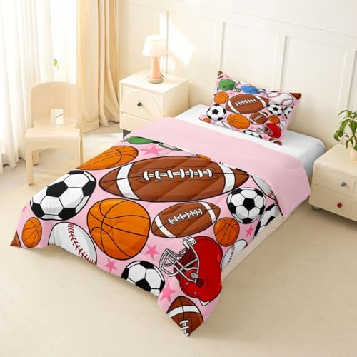 Image of Feelyou Football Bedding Set Soft for Boys Girls, Basketball Sports Comforter Set Twin Size Baseball Gaming Duvet Quilt Microfiber Pink Soccer Ball Game Bedroom Decor 2 Pcs with 1 Pillow Cases