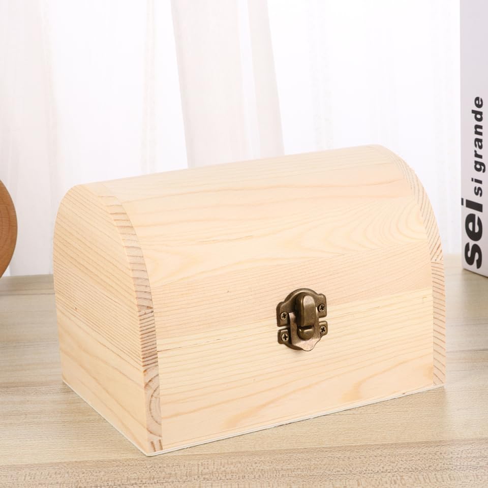 Image of Healifty Unfinished Wooden Craft Box Arched Diy Graffiti Storage Case with Lock for Home Shop for Adults Boy Girl Craft Projects