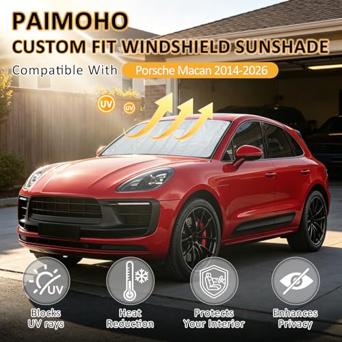 Image of Thickened Windshield Sun Shade for 2014-2026 Porsche Macan | Accordion Front Window Sunshade Aluminum Reflective UV Protection Shield, Foldable Sun Visor with Storage Bag Car accessories