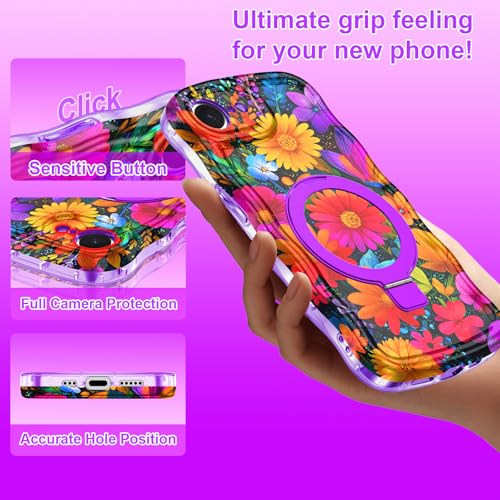 Meshine for iPhone 17e Case/iPhone 16e Case with Magnetic Stand,[Compatible with MagSafe] Wave Frame Cute Flower Design Shockproof Drop Protective Women Girls Cover for iPhone 17e,All Purple Flower - image 8