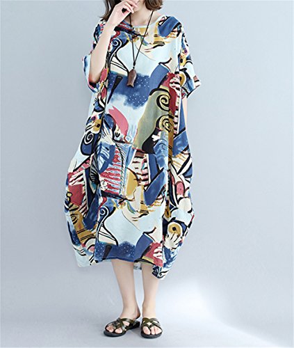 YESNO Women Long Maxi Baggy Dress Casual Plus Size Cover up Lagenlook 'Pop Art' Oil Painting Like/Pocket (One Size (US12-22), F01