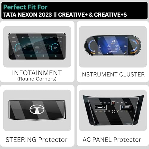 Image of Wisely Pack 4 - Screen Guard for TATA NEXON CREATIVE Plus + & CREATIVE+S (2023) Car Display Protector - 10.25 INCH INFOTAINMENT [Round Edge] +7 INCH INSTRUMENT CLUSTER + STEERING + AC Console - Stereo Car Accessories