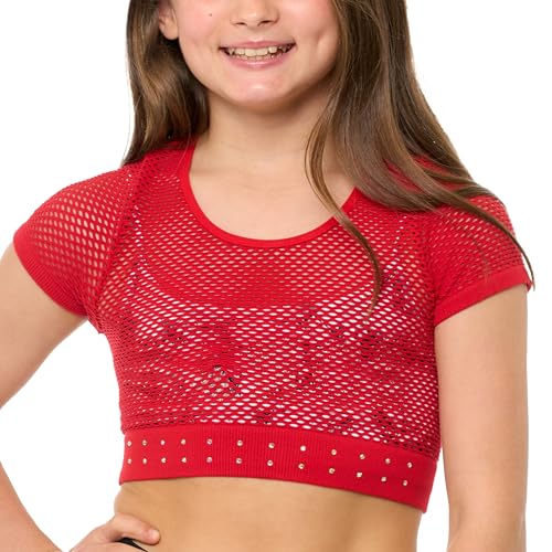 Image of Malibu Sugar Girls Mesh Crop Top Sparkling Rhinestone Dance Outfits for Girls - Short Sleeve Breathable Activewear Ages 7-14