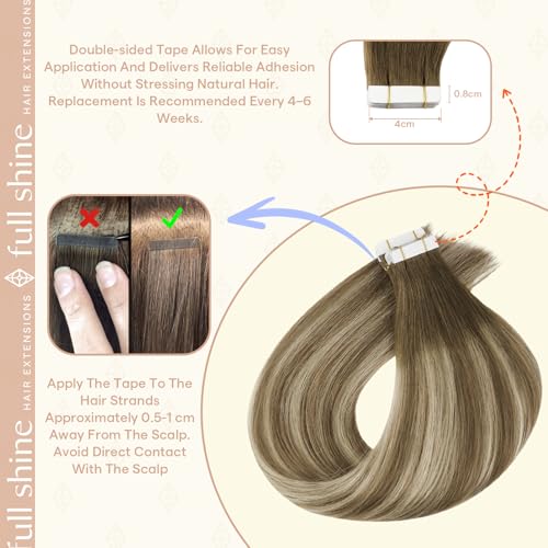 Image of Full Shine Hair Extensions Tape in, Ash Brown Blonde Ombre 20 Inch | 50g 20PCS, Invisible Remy Human Hair Tape in Extensions, Straight Remy Finish Soft Silky Medium Brown Blonde Look