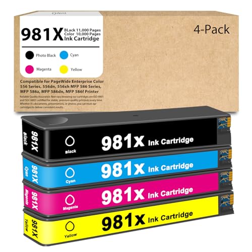 Vylent 981X 981 High Yield Ink Cartridge L0R12A L0R09A L0R10A L0R11A Ink Replacement for HP 981X Ink Cartridge for PageWide Enterprise Color 556 556dn 556xh MFP 586 586z 586dn 586f Printer Ink