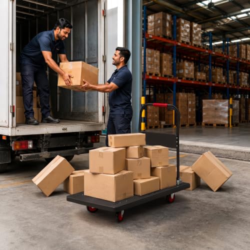 Image of CORVIDS 600 KG Heavy Duty Foldable Hand Platform Trolley| 2 Year Warranty | Industrial Push Cart for Warehouse, Factory & Shop | Anti-Skid Material Handling Truck, Honeycomb Base, 5 Heavy Duty Wheels