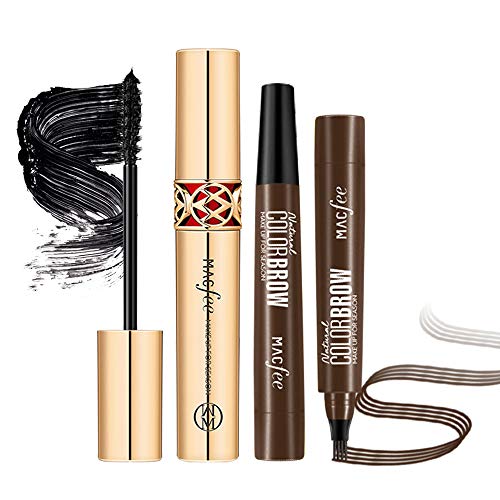 Eyebrow Tattoo Pen Waterproof Microblading Pencil + 4D Silk Fiber Lash Mascara - Eye Brow Pen with Fork Tips (Dark Coffee), Natural Looking & Smudge Proof & Stays on All Day