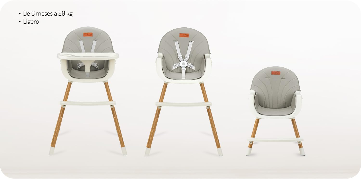 MoMi REKI Trona Bebé 3 en 1 Evolutiva, Trona hasta 36 Meses y Silla Infantil hasta 5 Años, Fácil de Limpiar, Bandeja Desmontable, Arnés de Seguridad, Reposapiés, Juguete Incluido, Gris