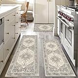 Yamaziot Boho Washable Kitchen Rugs Sets of 3, Non Slip Kitchen Mats for Floor with Rubber Backing, Waterproof & Stain Resistant Carpet Runner Throw Rug for Kitchen, Laundry Room, Hallway, Beige Grey