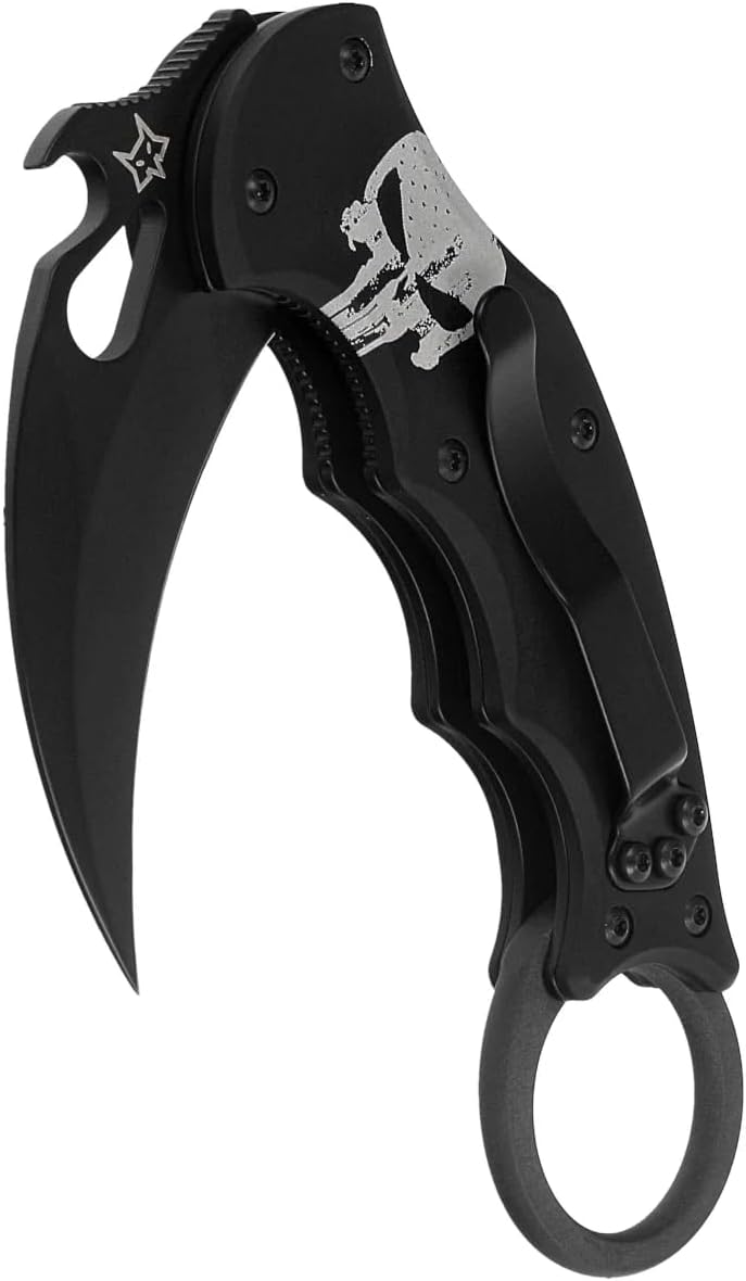 Fox Knives FX-599 ALB-4 Black Folding Karambit, Emerson Wave, N690Co Steel, Graphic Art Handle, Black Blade Finish, Liner Lock, Pocket Clip (The Skull)