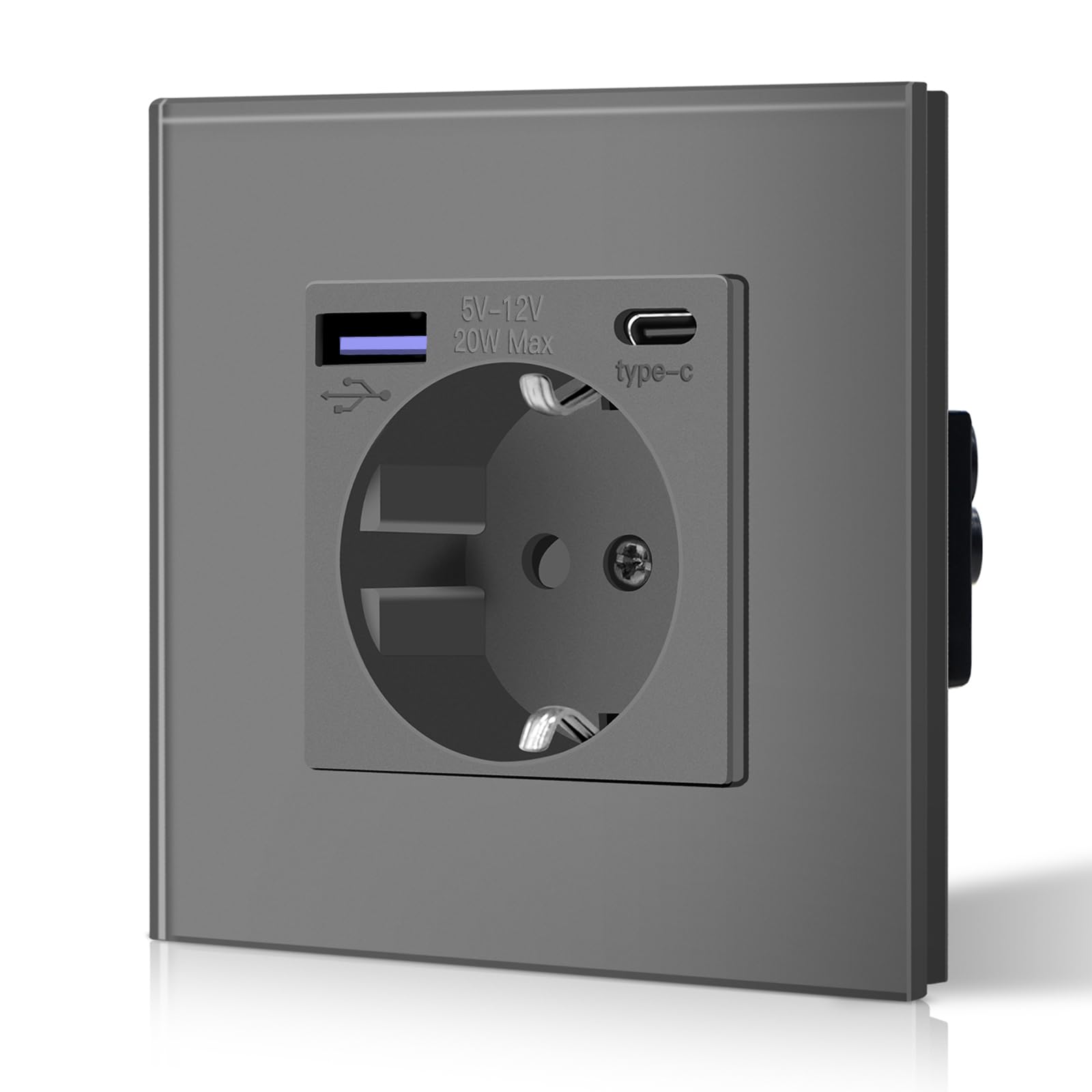 BSEED Steckdose aus Glas mit 20W USB C, Schnellladegerät Wandsteckdose, 3 in 1 Unterputz Steckdosen, Einfache Installation, 240V 16A, 86mm 1 Fach Grau