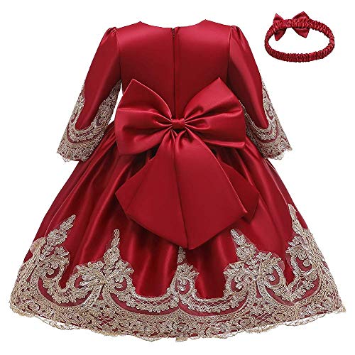 Toddler Baby Girls Formal Birthday Party Dress Pageant Lace Bowknot Baptism Embroidery Princess Wedding Flower Tutu Gown with Headwear Wine Red 9-10 Years