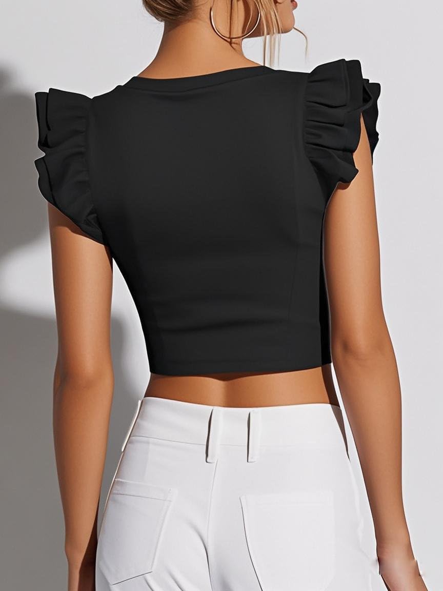 Ezbelle Women's Summer Shirts V Neck Crop Tops Ribbed Knit Tank Ruffle Sleeveless Top Sexy Blouse Ladies Clothes 2026 - Image 2