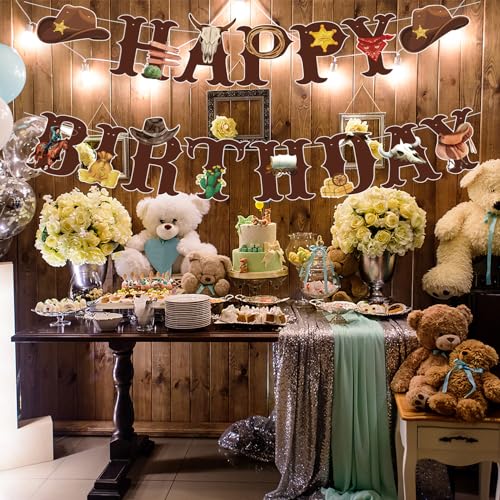 Image of Western Cowboy Theme Wild West Party Decoration,Pre-Strung Happy Birthday Banner,Retro Horse Rodeo Party Supplies for Boys,Cowboy Hat Horses Garland for Boys Birthday Party