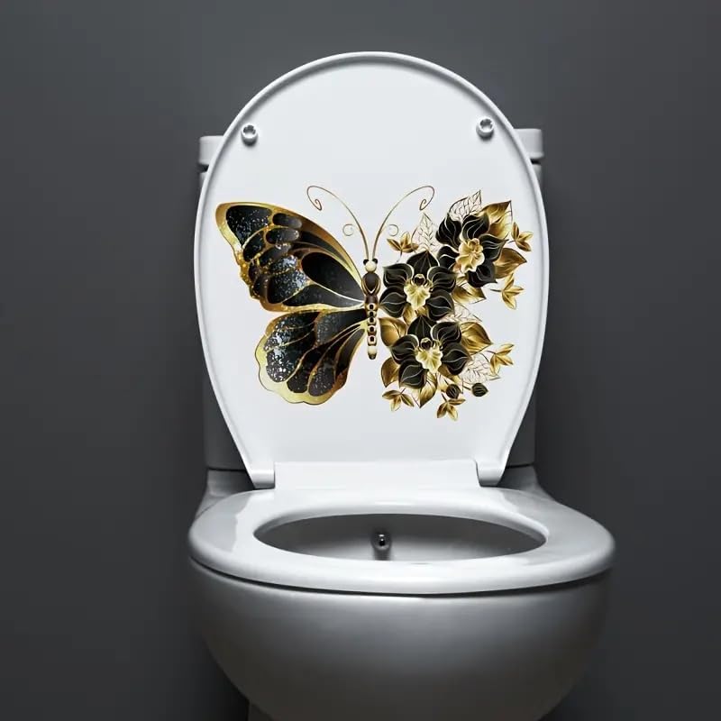 Black Butterfly Flower Toilet Cover Sticker Decals,Spring Flower Leaf Butterfly Waterproof Toilet Lid Tank Seat Decals Cistern Self-Adhesive Bathroom Wall Sticker