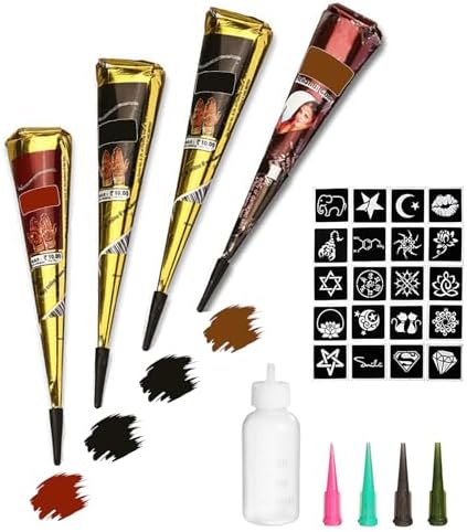 Tattoo Paste Cones, 4Pcs Semi Permanent Temporary Tattoos Kit, India Body DIY Art Painting for Women Men Teen, Summer Trend Freehand Paste with 3 Colors, 20 Adhesive Stencil, 1 Bottle, 4 Nozzles