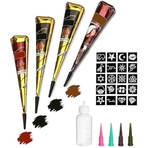 Tizoerly Temporary Tattoos Kit, 4Pcs Semi Permanent Tattoo Paste Cones, India Body DIY Art Painting for Women Men Kids, Freehand Plaste with 3 Colors, 20× Adhesive Stencil,1× Bottle,4× Nozzles Cover