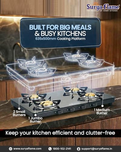 Image of Surya Flame Creta Series LPG 4 Burner Gas Stove | Brass Burners with Jumbo Option | Toughened Glass Top, Removable Drip Tray, Manual Ignition, 69%+ Efficiency, ISI Certified, 2-Year Warranty