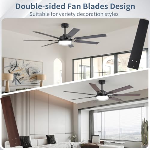 Image of 64 Inch Ceiling Fans with Lights and Remote,Living Room Office Library Cafe Outdoor, 5CCT Dimmable, Dual Color 7 Blades, 6 Speed Reversible Quiet DC Motor, Dual-Layer Shade, Black /Wood Grain