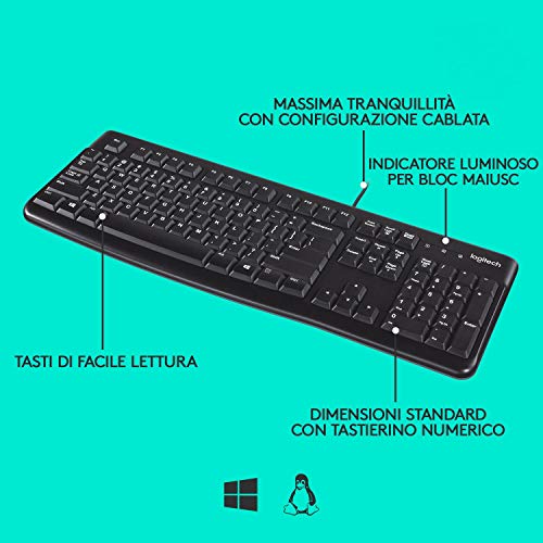 Logitech Tastiera Cablata K120 per Windows, Dimensioni Regolari, Resistente ai Liquidi, Barra Spaziatrice Curva, PC / Notebook, Layout QWERTY Italiano, Colore Nero