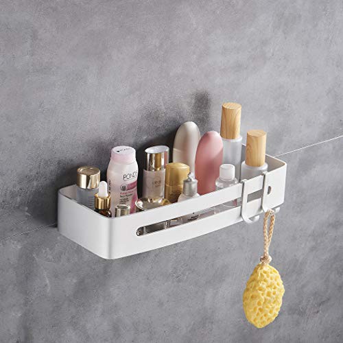 Acobonline Estantería Ducha para Pared con Ganchos, Cesto de Ducha Adhesivo, Organizador de Baño, sin Taladros Aluminio. (Aluminio Liso, Rectangular)