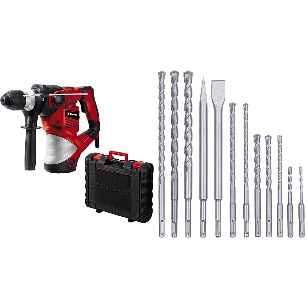 Einhell Młot udarowy TC-RH 1600, 4-funkcyjny, 1600 W, częstotliwość uderzeń 3900 min-1, siła uderzenia 4 J, SDS-Plus, blokada uderzeń i udarów, w kuferku) & kwb 240290 SDS-Plus zestaw dłut