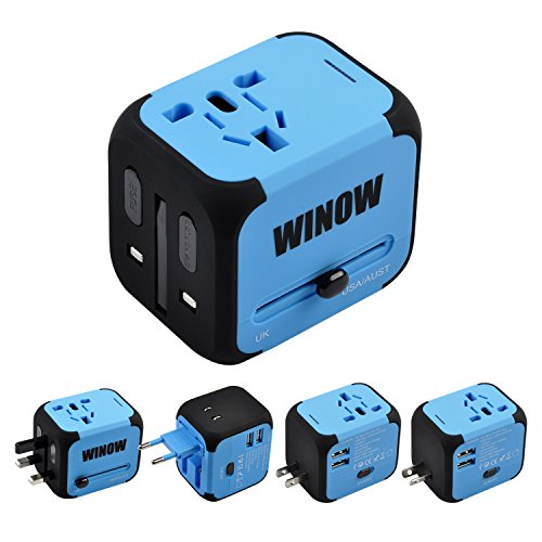 WINOW International Travel Plug Adapter, Worldwide Power AC Wall Charger with Dual USB & USA, UK, AU, EU - Great for iPhone/iPad/Laptops/Samsung/Smartphone,Spare Safty Fuse+Zipper Case (Blue)