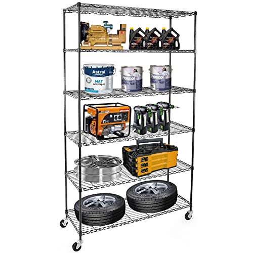 Image of WDT NSF Certified Storage Shelves on Wheels, Heavy Duty Metal Shelves for Storage with Adjustable Stand, 6-Tier Wire Shelving Unit for Garage Pantry Kitchen Shelf Rack(17 inch W*47 inch D*80 inch H), Black