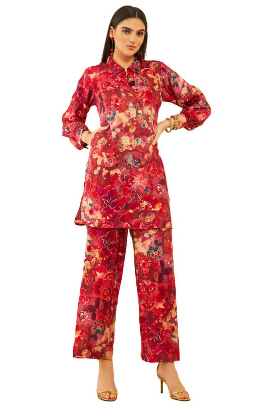 soch Womens Red Muslin Floral Printed Co-Ord Set with Tassels-picture-12