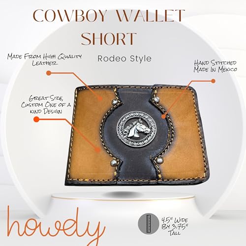 Men’s Short Bi-Fold Leather Wallet – Two-Tone Light and Dark Brown – Horse Concho – Western Cowboy Wallet for Ranch and Rodeo Style4