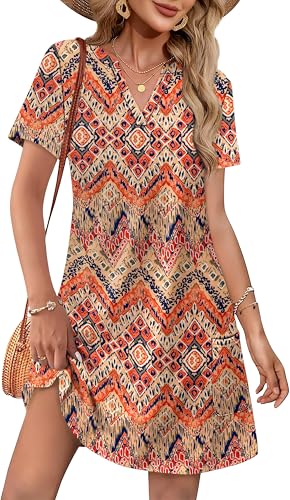 Image of WIHOLL Summer Dresses for Women Casual V Neck Wedding Guest Dress Hawaiian Midi Dress Fashion Beach Vacation Clothes