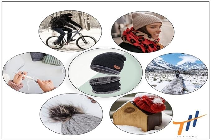 Image of Woolen Cap for Men - Winter Wear Topi with Neck Scarf Cover Muffler Face Cover, Hello Kitty Unisex Beanie Caps with Neckwarmer Set of 2 Free Size