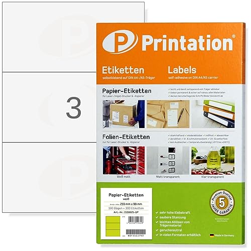Printation Etiquetas universales de 210 x 99 mm, color blanco, 75 etiquetas adhesivas en 25 hojas DIN A4, 3 x 1 210 x 99 – 3 pegatinas por hoja A4, universales, autoadhesivas, imprimibles, 4664
