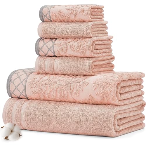 Modern Threads 6 Piece Cotton Bath Towel Set – Ultra Soft 550 GSM Towels – Bathroom Set with Hand Towels and Washcloths – Diamond Border (Blush)