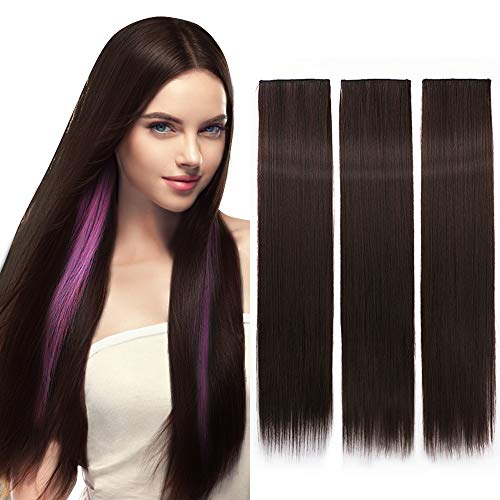 Sué Exquisite 3PCS 18 inches Long Straight Thick Hair Pieces Include One Pair Hot Pink Clip in Hair Extensions Synthetic Fiber Double Weft Soft Hair for Women Full Head Dark Reddish Brown