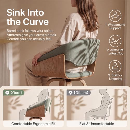 Image of HNY 26 inch Swivel Bar Stool Set of 1, Green Linen Counter Height Barstool | 360 Swivel Bar Height Stools, Barrel Backrest, Solid Wood Frame, Round Footrest, Counter Stools for Kitchen Island, Home Bar