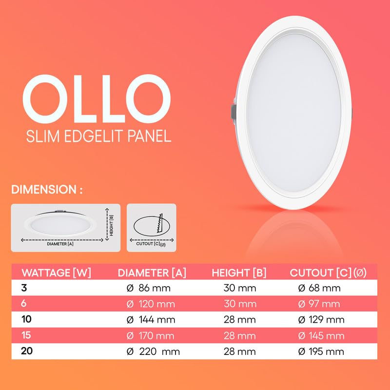 Image of Hi-Fi OLLO 6-watt Round LED Downlighter | LED Ceiling Light for Home and Hall | Cut Out: 68 mm, Color: Warm White Light, (3000K) Pack of 2-Polycarbonate