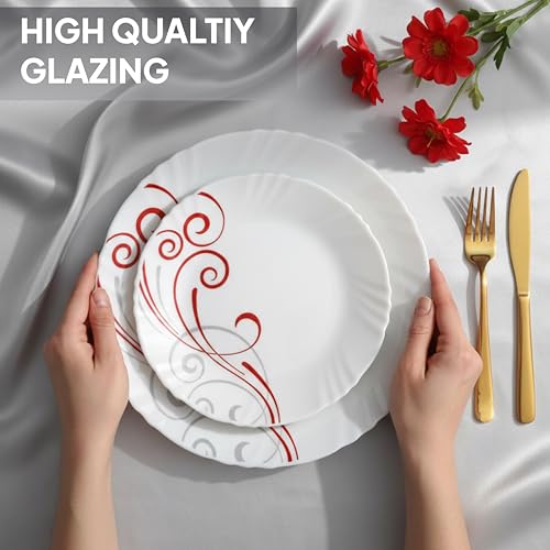 Image of Cello Opalware Imperial Series Red Swirl 10 Pieces Dinner Set | Opal Glass Crockery for 2 | Bone Ash-Free, Lightweight, Elegant White Plate & Bowl Set |Opalglass Dinner Set for Daily Use & Gifting