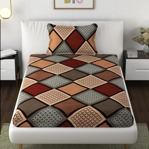 Image of Premium Heavy Cotton Elastic Fitted Bedsheets with 1 King Size Pillow Covers | Single Bed with All Around Elastic 350 TC | 36 x 78 x 6 Inch Single Size Fitted | - Multi Box