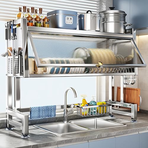 Escurridor De Platos De Doble Capa, Apto Para Vajilla, De Acero Inoxidable Resistente A La Corrosión, Con Tapa Y Soporte Para Utensilios Que Ahorra Espacio, Para La Encimera Cocina, 85cm/33.46in