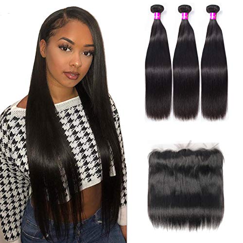 Human Hair 3 Bundles With Frontal Straight 22 24 26+20 Inches Natural Color Very Soft No Shedding Can Make a Full Wig