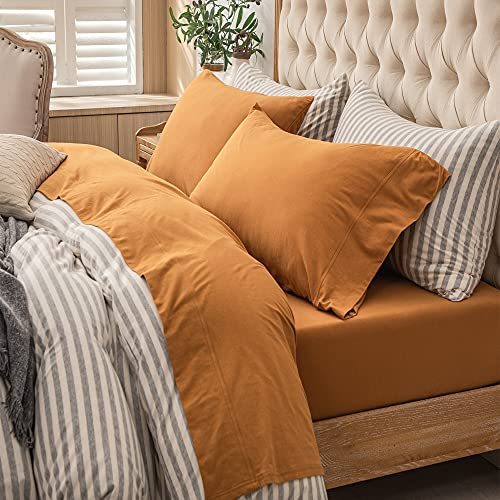 PURE ERA Jersey Knit 4pc Bed Sheet Set 100% T-Shirt Cotton Super Soft Comfy Breathable Fits Mattress Up to 20" Extra Deep Pocket (Solid Burnt Orange, Queen)