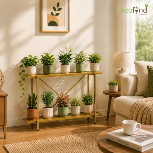 Image of ecofynd Adam Plant Stands for Outdoor Balcony, Flower Pot Stand for Indoor Plants, Large Metal Planter Stand for Living Room, home decor, Indoor & Outdoor plants, 2 Tier (35 Inch, PS029-GO)